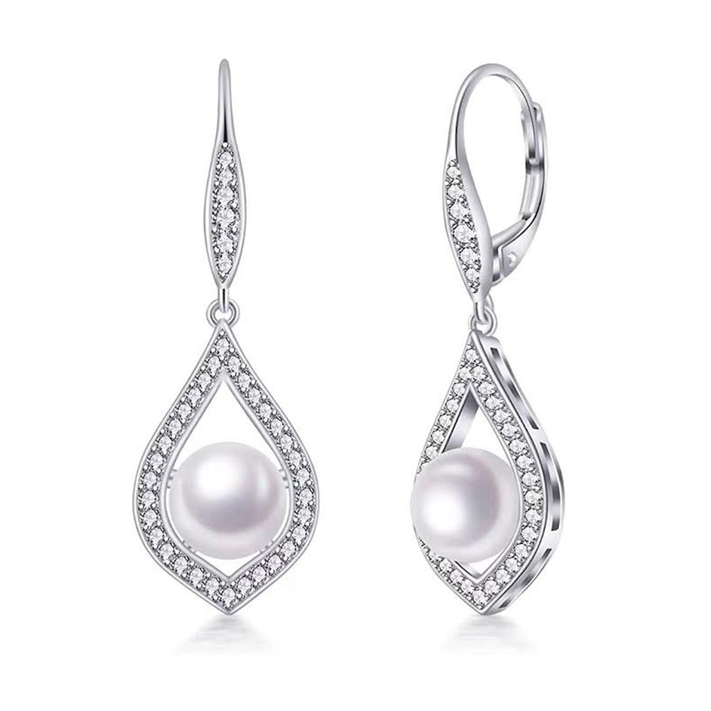 Pearl Royale Teardrop Earrings — 8mm freshwater pearl and created sapphire lever-back drop earrings, House of Ugarit