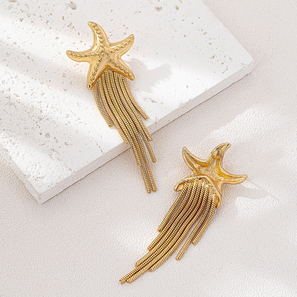 Marina Starfish Tassel Earrings — coastal starfish drop earrings with tassel detail, House of Ugarit