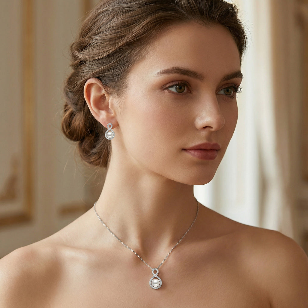 Ivory Pearl Infinity Set worn — pearl bridal set on hand, House of Ugarit