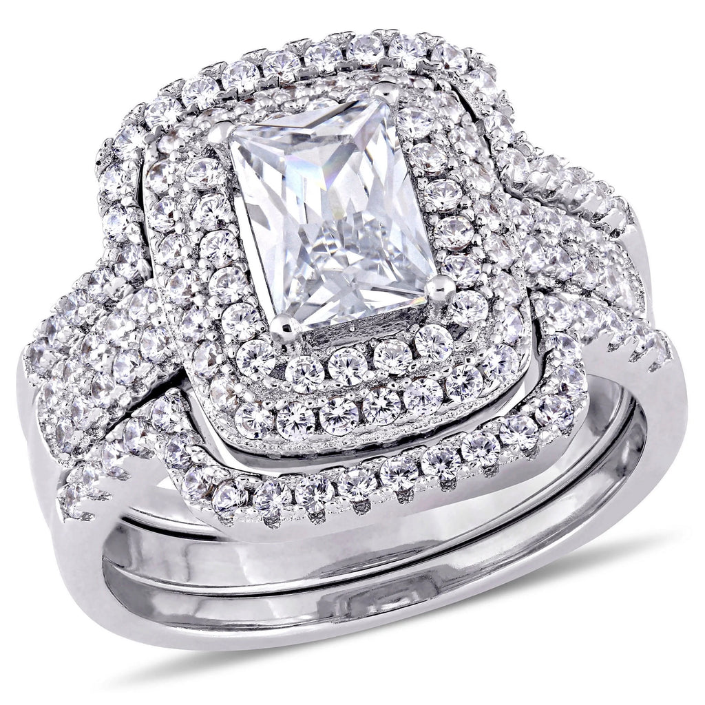 Aurelia Emerald Bridal Ring Set — emerald-cut centre stone with pavé cubic zirconia in sterling silver, House of Ugarit