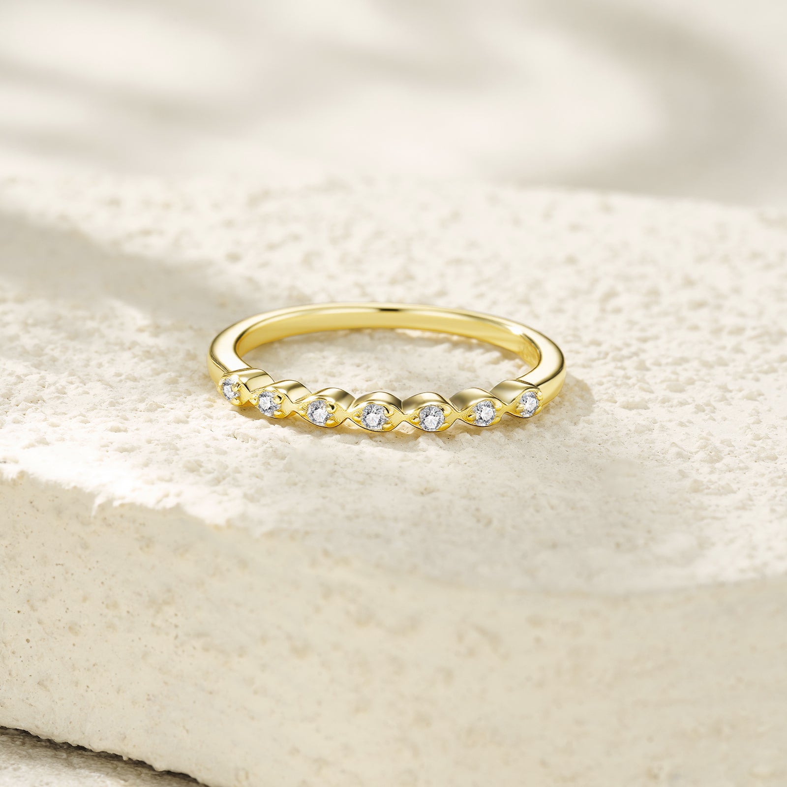 Luna Moissanite Gold Ring worn — gold moissanite ring on hand, House of Ugarit