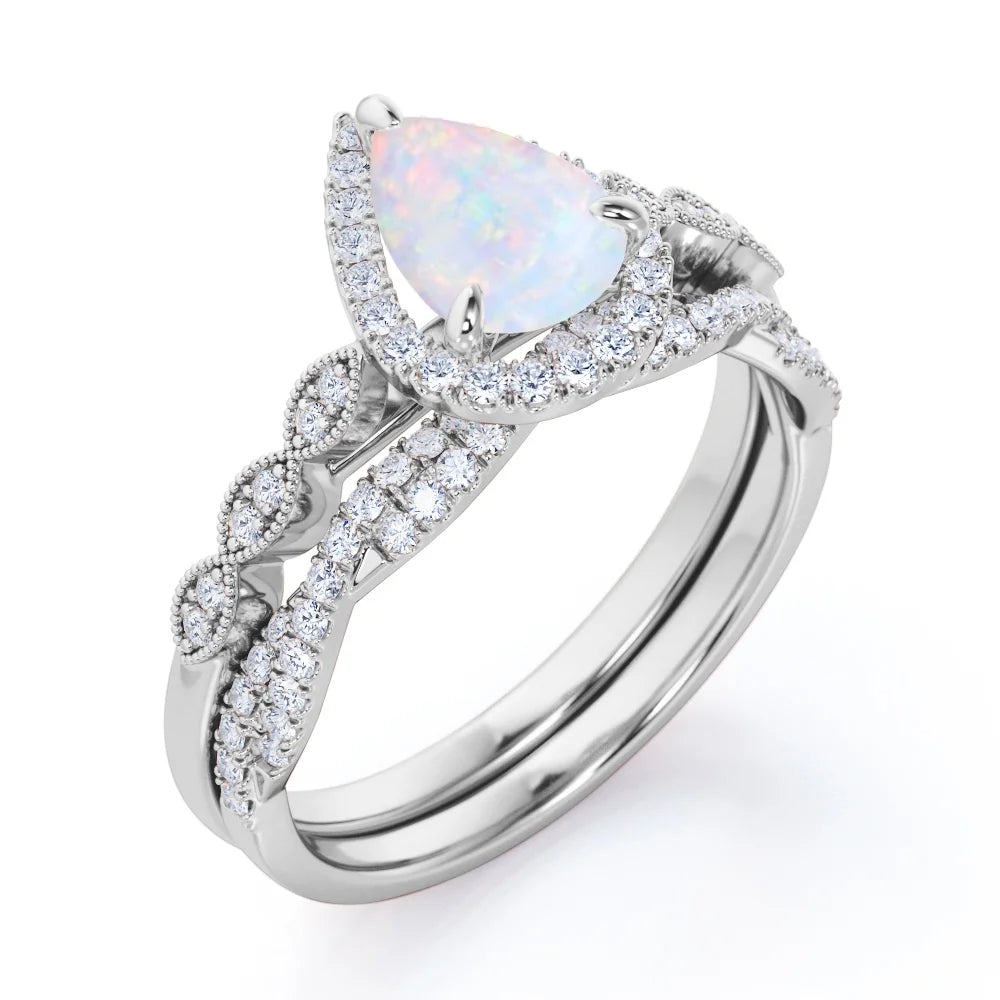 Opaline Vintage Bridal Ring Set detail — vintage halo setting in 18K white gold plating, House of Ugarit