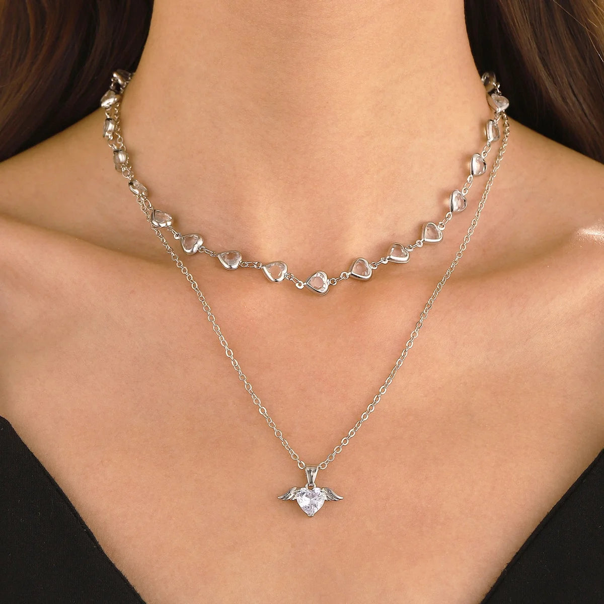 Crystal Heart Layered Necklace — adjustable layered chains, House of Ugarit