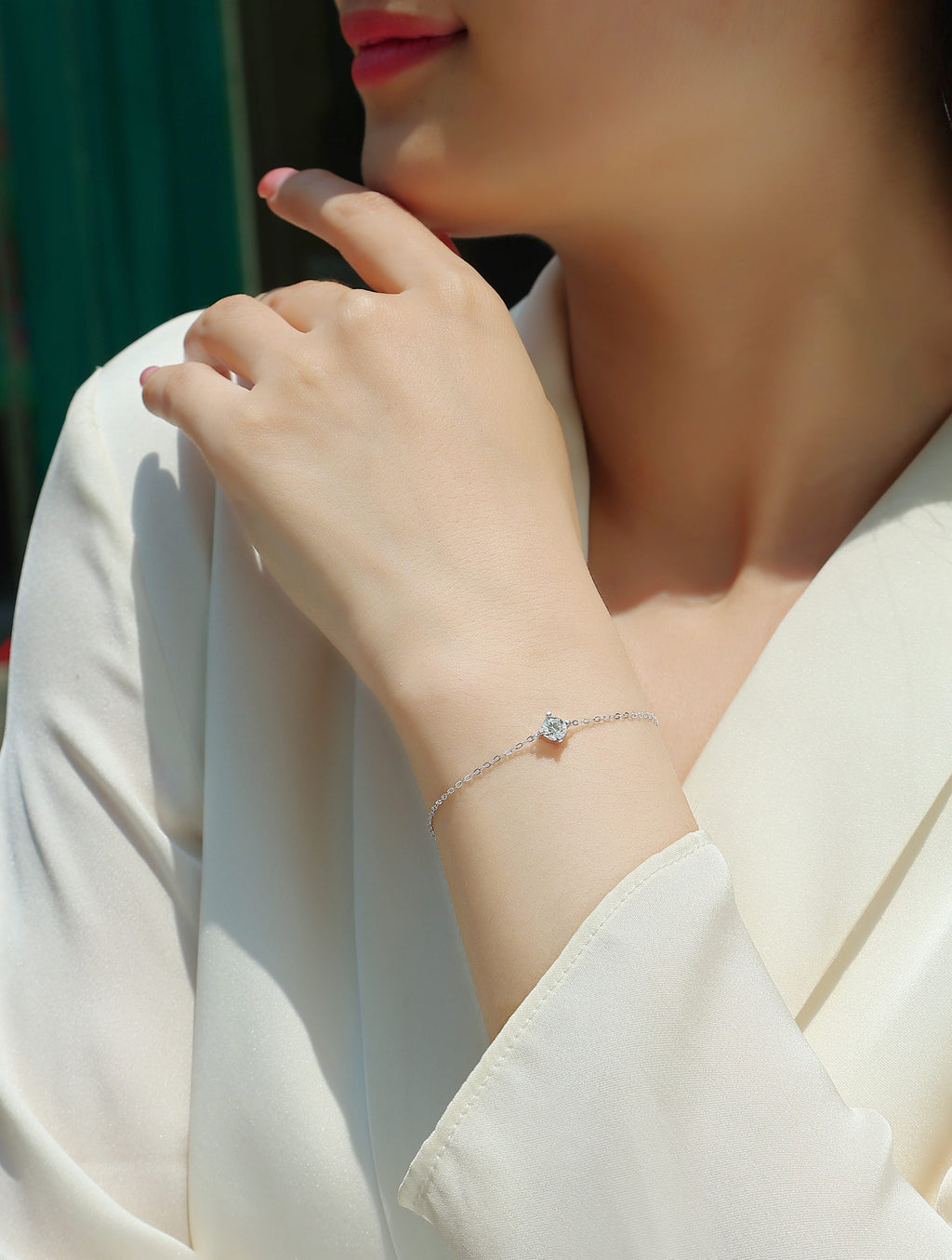 Soleil Moissanite Chain Bracelet worn — moissanite bracelet on wrist, House of Ugarit