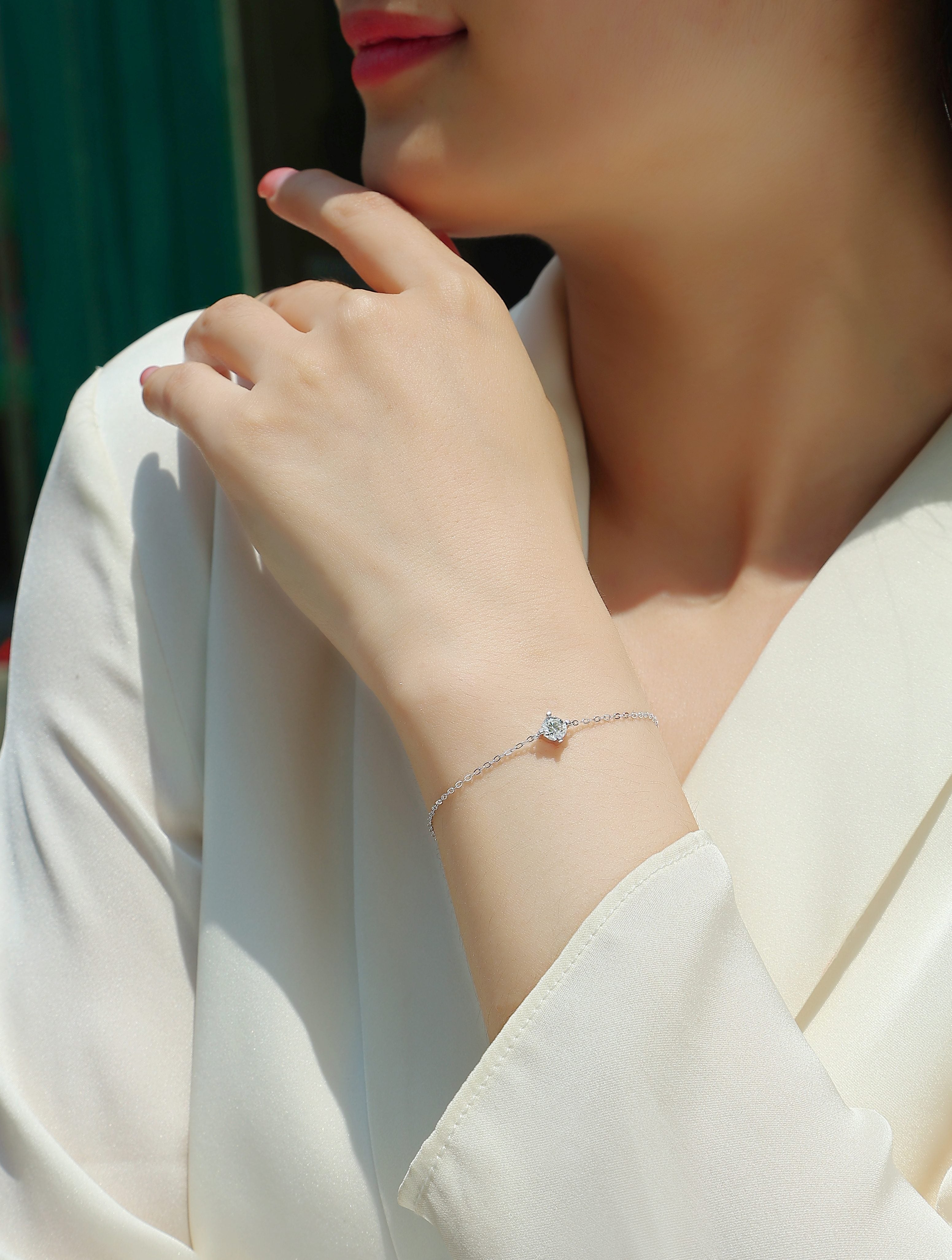 Soleil Moissanite Chain Bracelet worn — moissanite bracelet on wrist, House of Ugarit