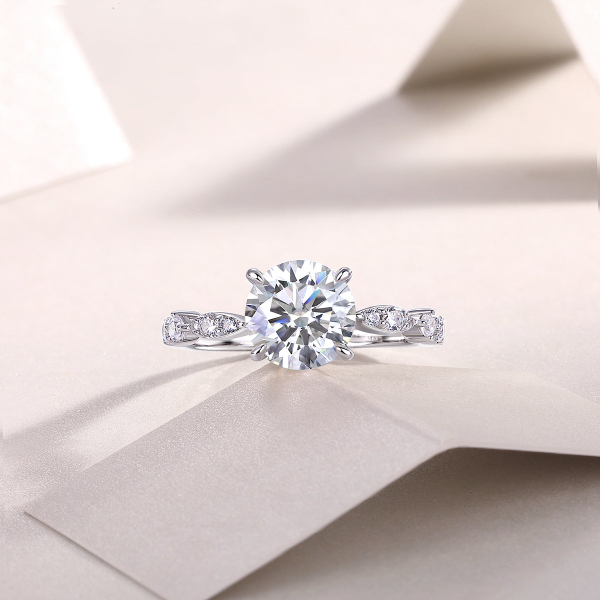 Stella Moissanite Platinum Ring — moissanite fire under light, House of Ugarit