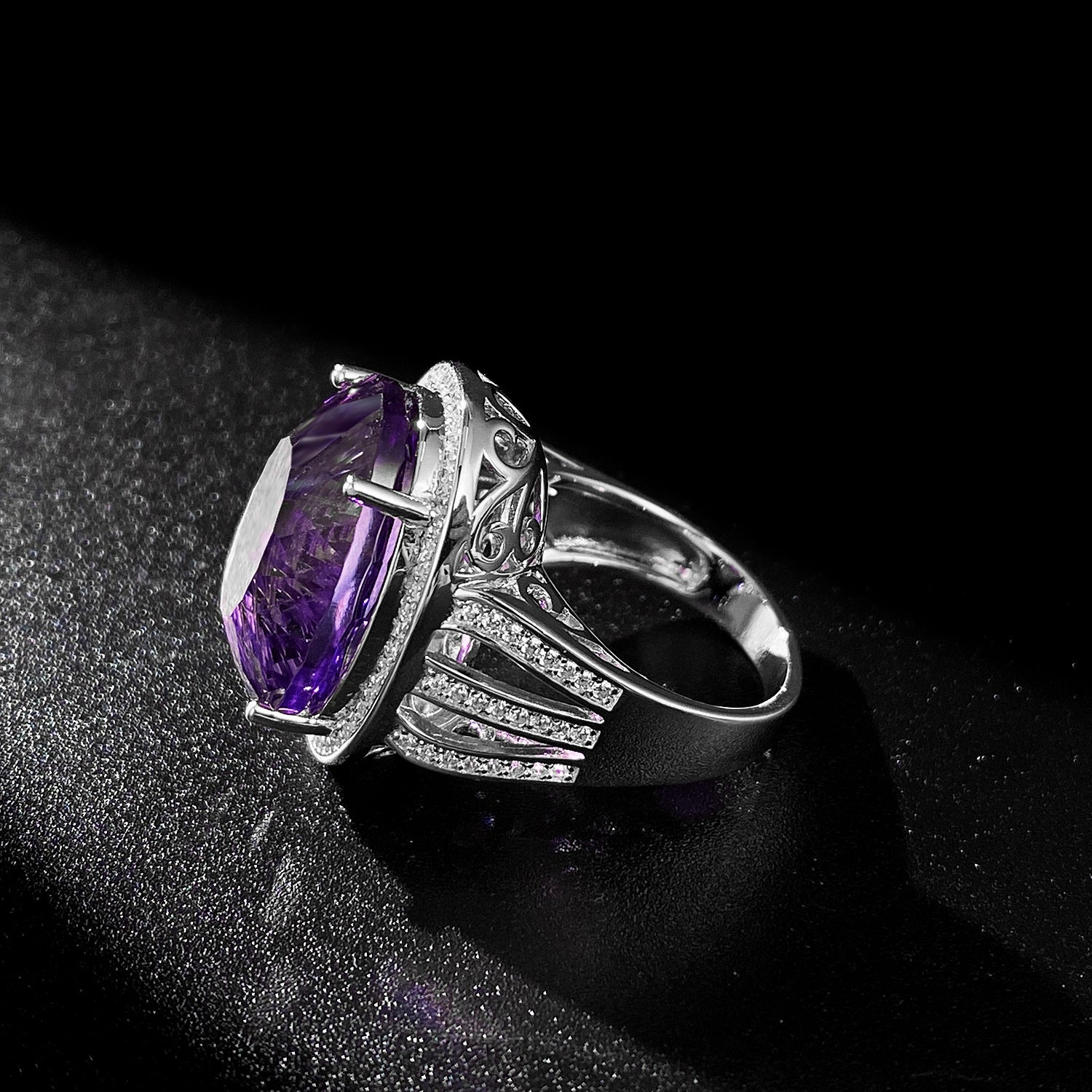 Amara Amethyst Statement Ring worn — purple statement ring on hand, House of Ugarit