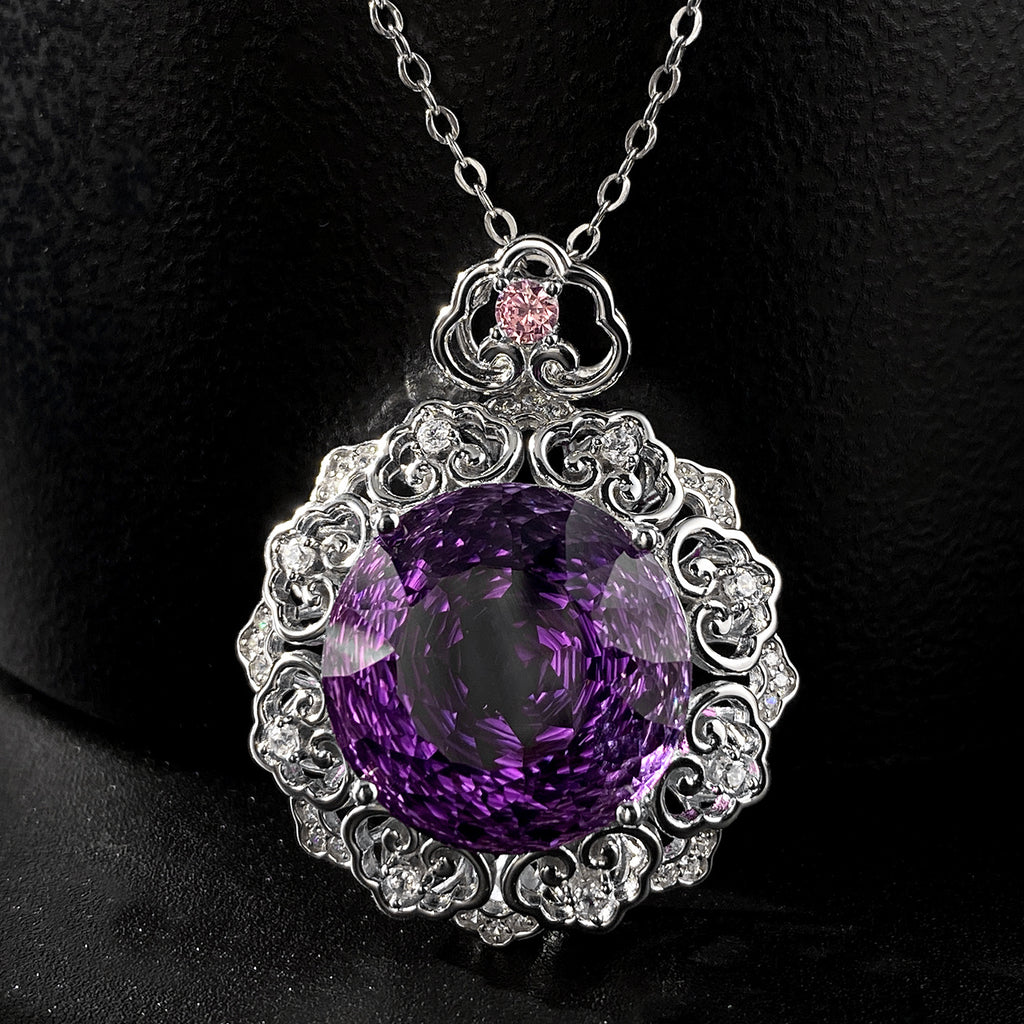 Viola Amethyst Sweater Necklace detail — natural amethyst pendant close-up, House of Ugarit