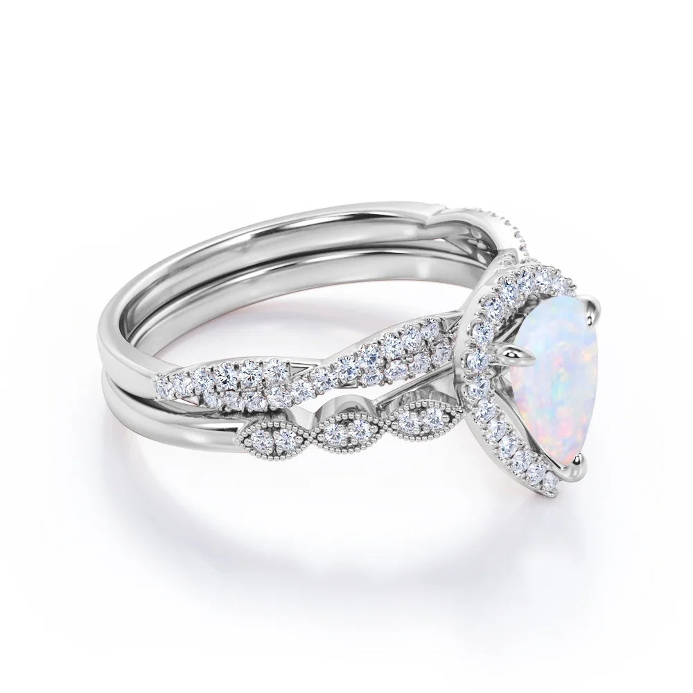Opaline Vintage Bridal Ring Set — matching pavé band and opal centre stone, House of Ugarit