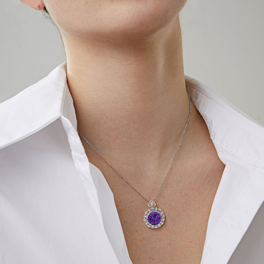 Viola Amethyst Sweater Necklace worn — vintage-inspired amethyst necklace, House of Ugarit