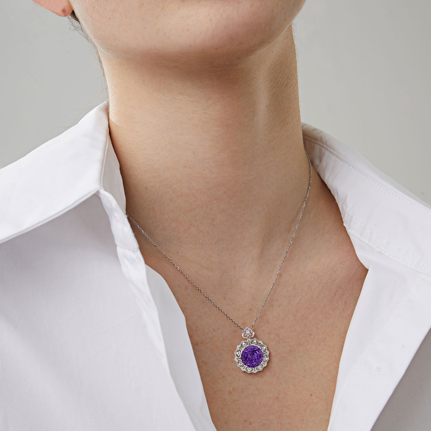 Viola Amethyst Sweater Necklace worn — vintage-inspired amethyst necklace, House of Ugarit
